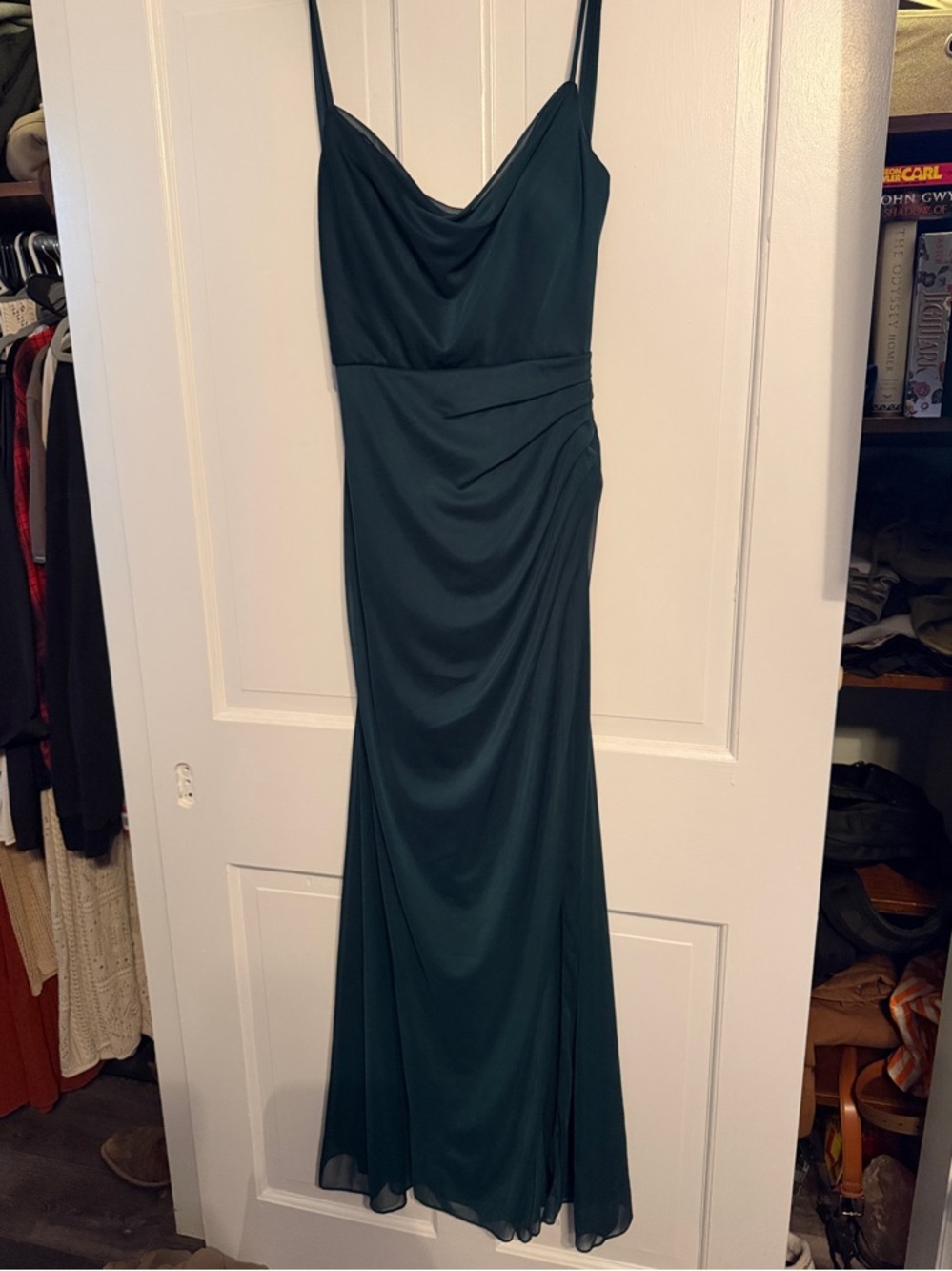 Azazie Deep Teal Cowl Neck Spaghetti Strap Maxi Dress